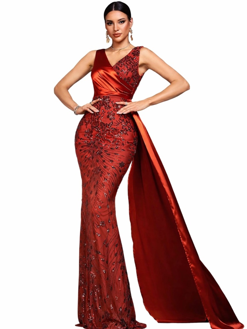 Red V- neck Evening Gown